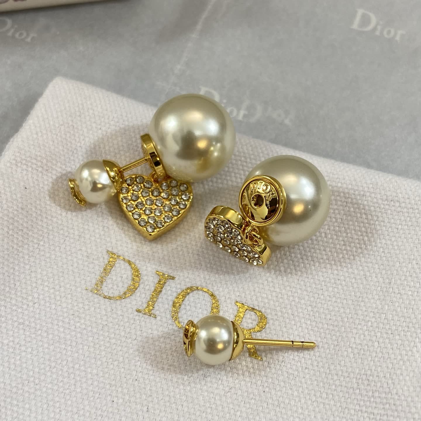 Dior Gold Pearl and Crystal Heart Earrings