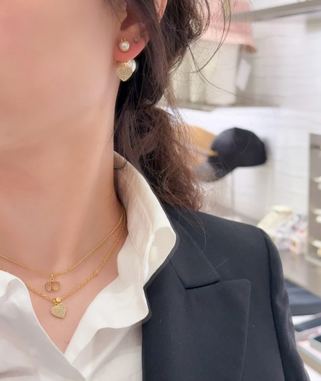 Dior Gold Pearl and Crystal Heart Earrings