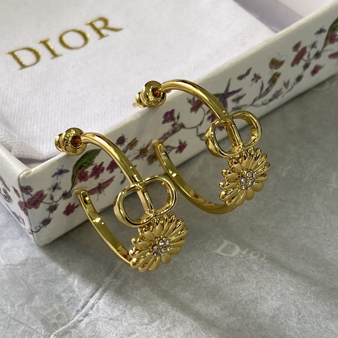 Dior Gold Tone 'CD' Logo & Flower Hoop Earrings Dior Gold Tone 'CD' Logo & Flower Hoop Earrings