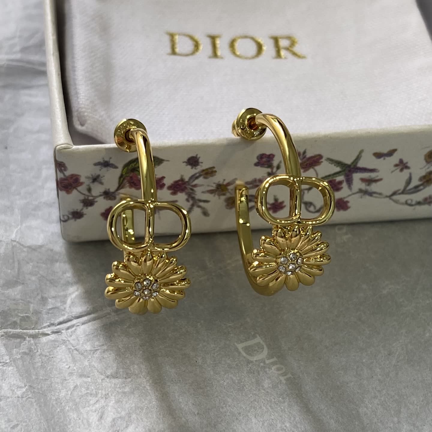 Dior Gold Tone 'CD' Logo & Flower Hoop Earrings