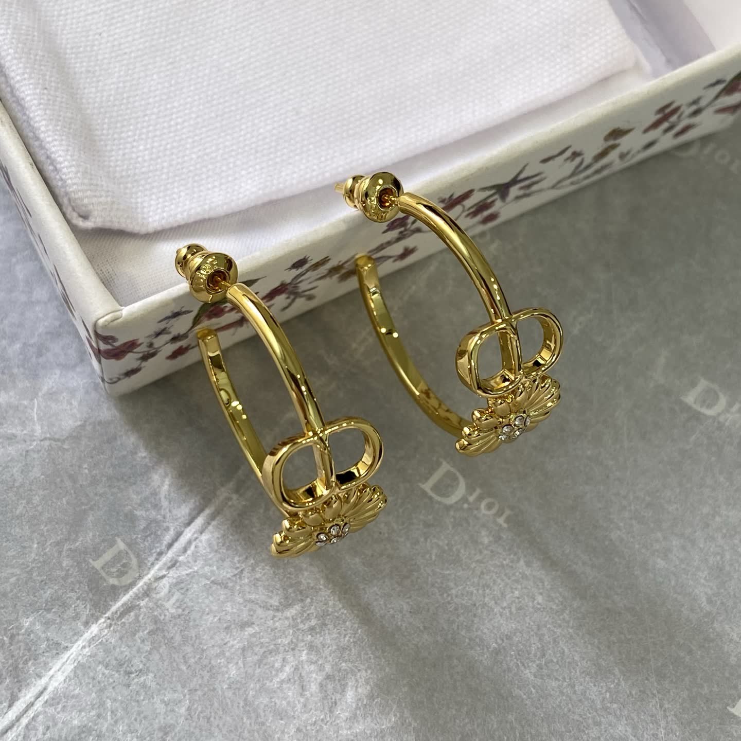 Dior Gold Tone 'CD' Logo & Flower Hoop Earrings