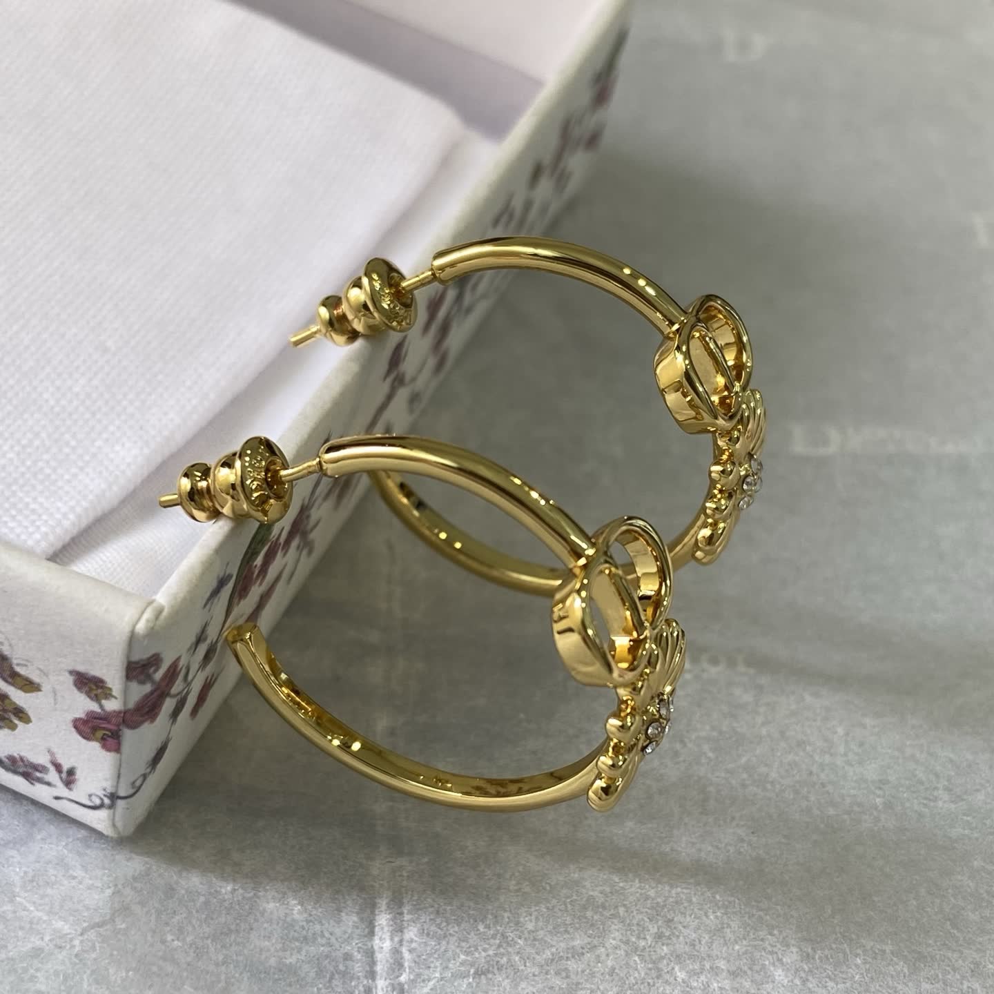 Dior Gold Tone 'CD' Logo & Flower Hoop Earrings