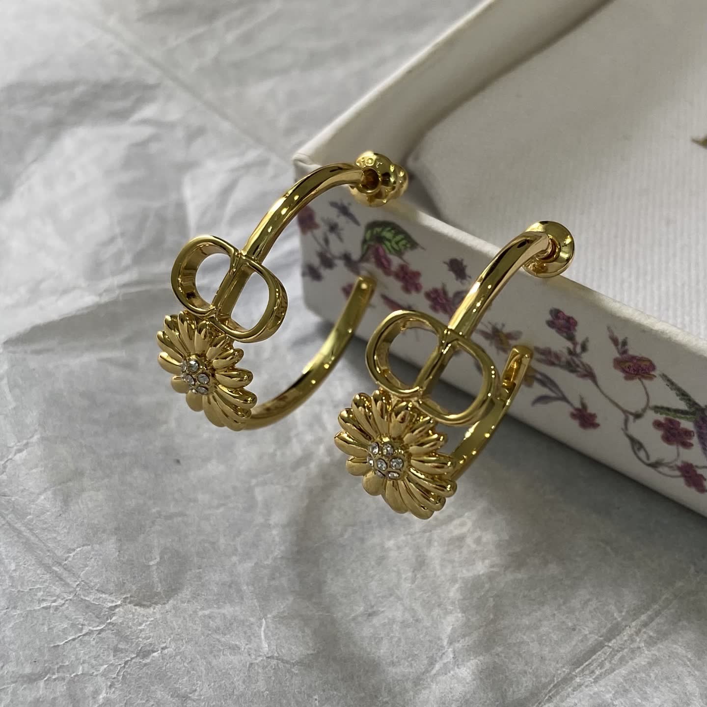Dior Gold Tone 'CD' Logo & Flower Hoop Earrings