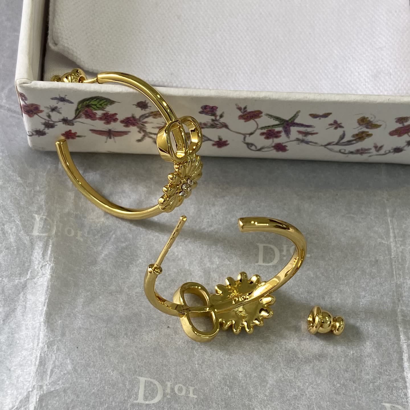 Dior Gold Tone 'CD' Logo & Flower Hoop Earrings