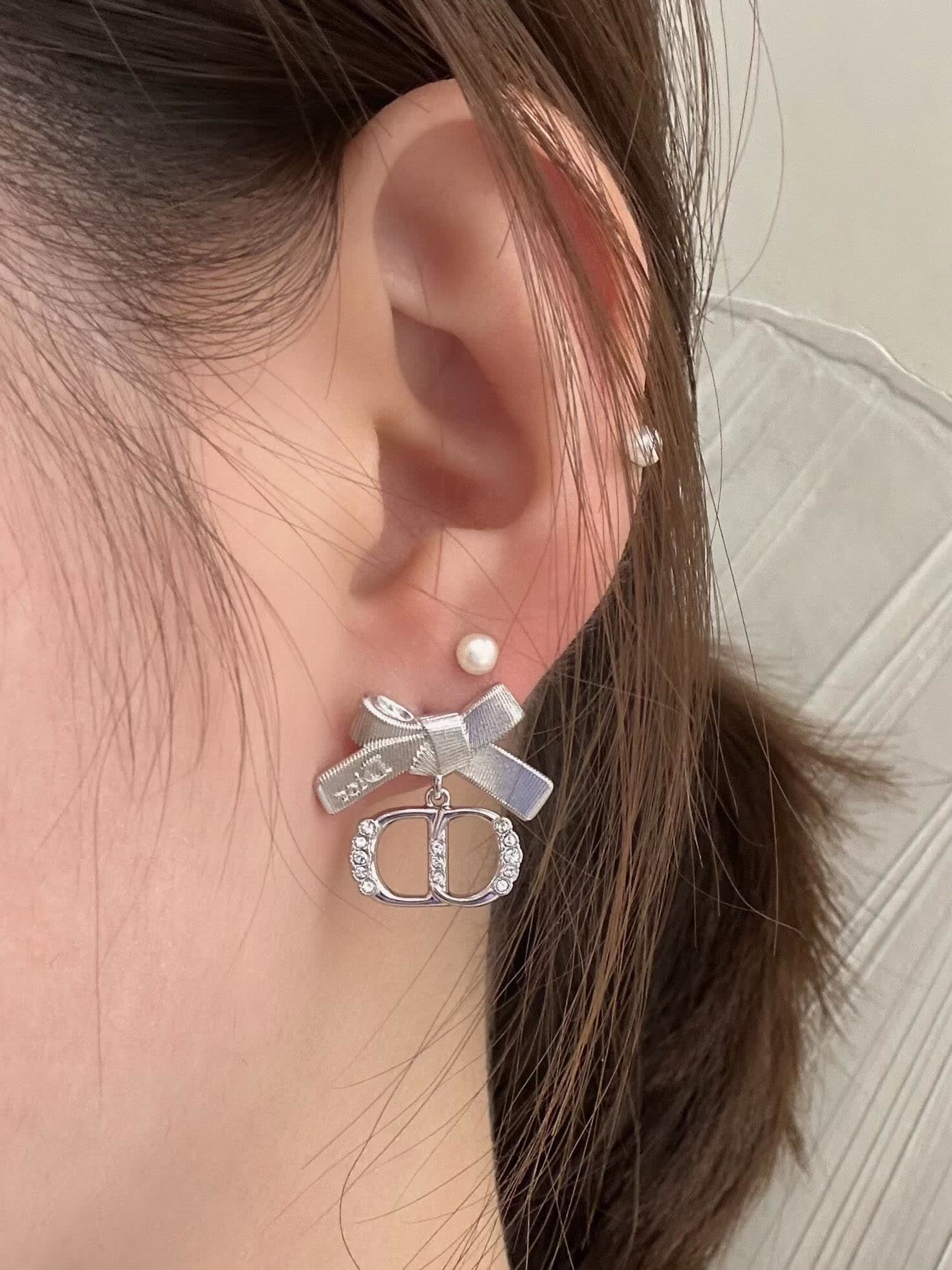 Dior Silver Bow Earrings with Crystal and Pearl Detail