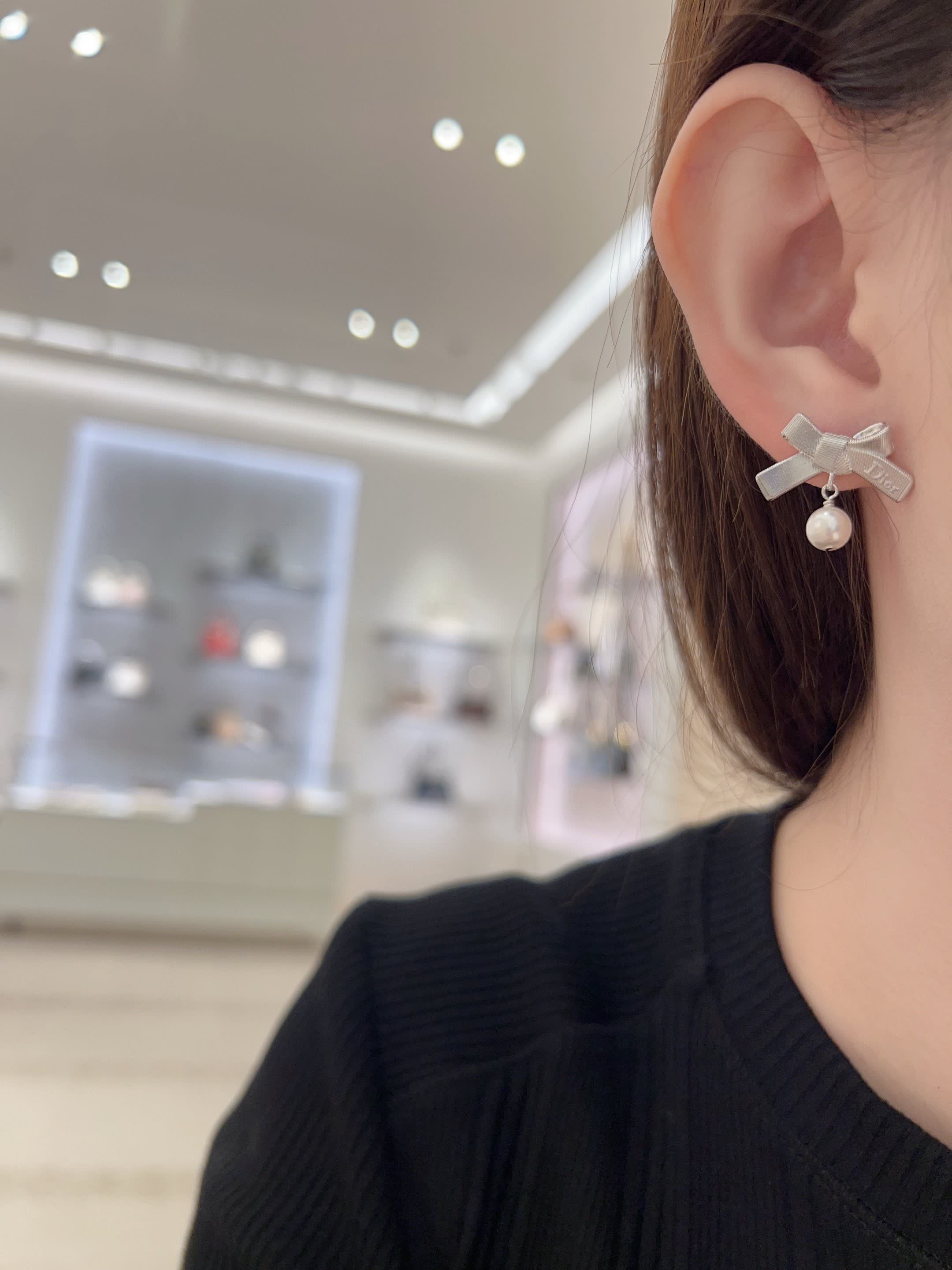 Dior Silver Bow Earrings with Crystal and Pearl Detail