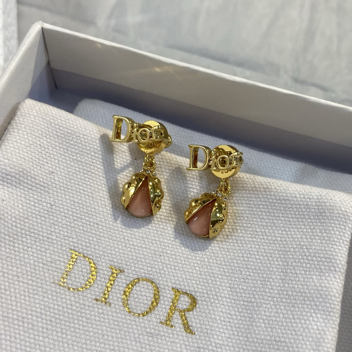 Dior Gold Tone Pink Stone Drop Earrings
