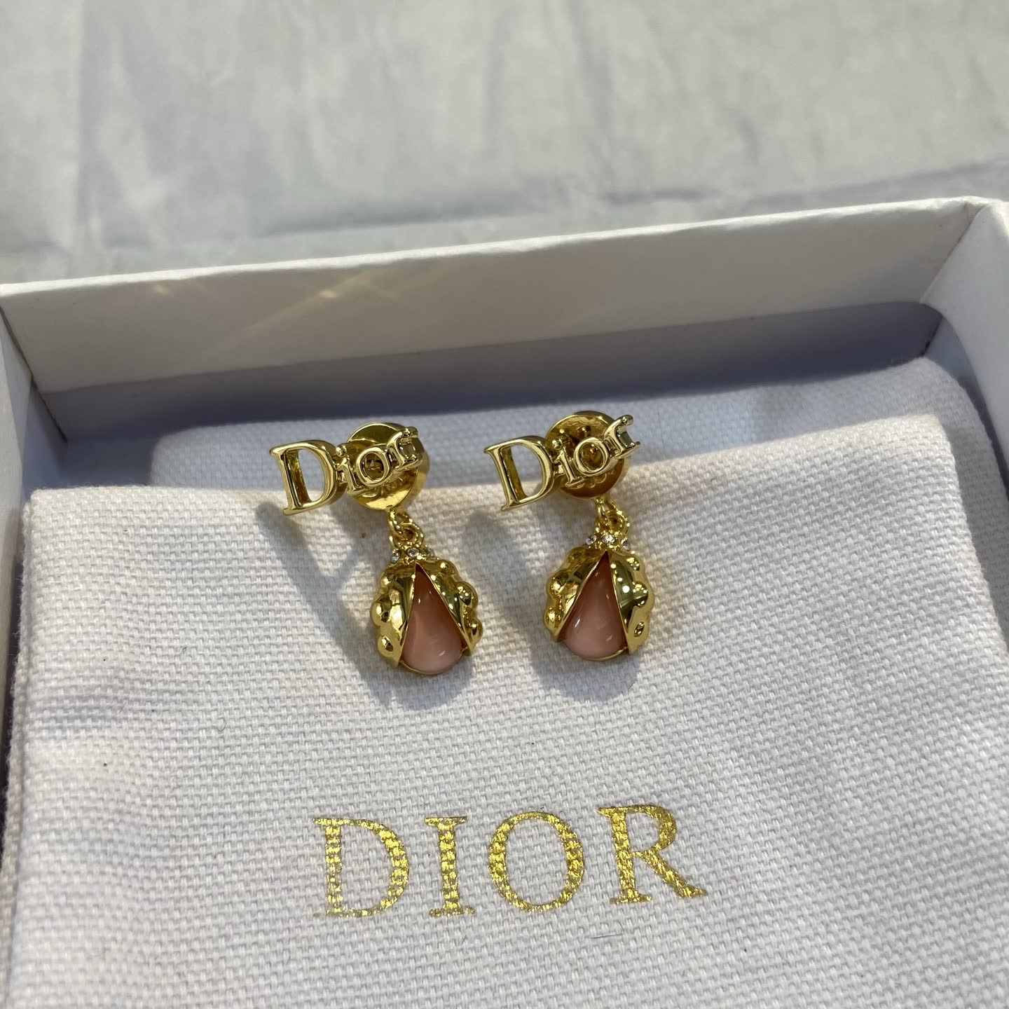 Dior Gold Tone Pink Stone Drop Earrings