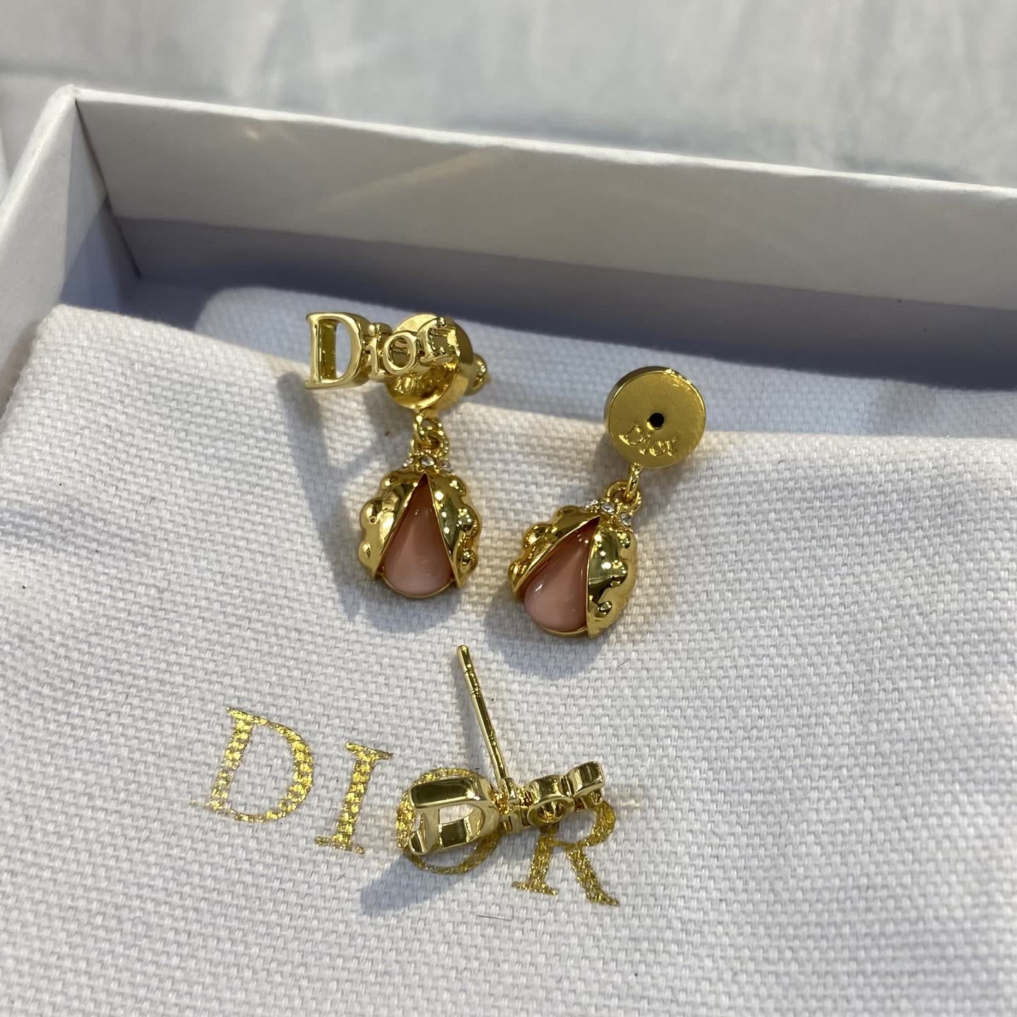 Dior Gold Tone Pink Stone Drop Earrings