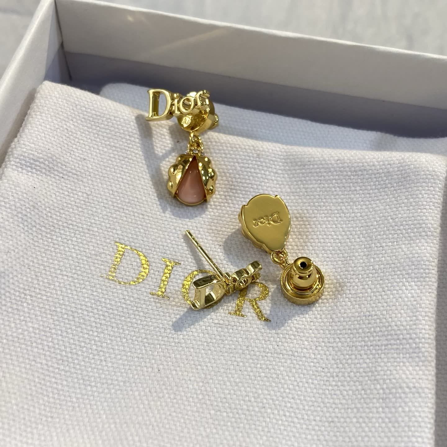 Dior Gold Tone Pink Stone Drop Earrings
