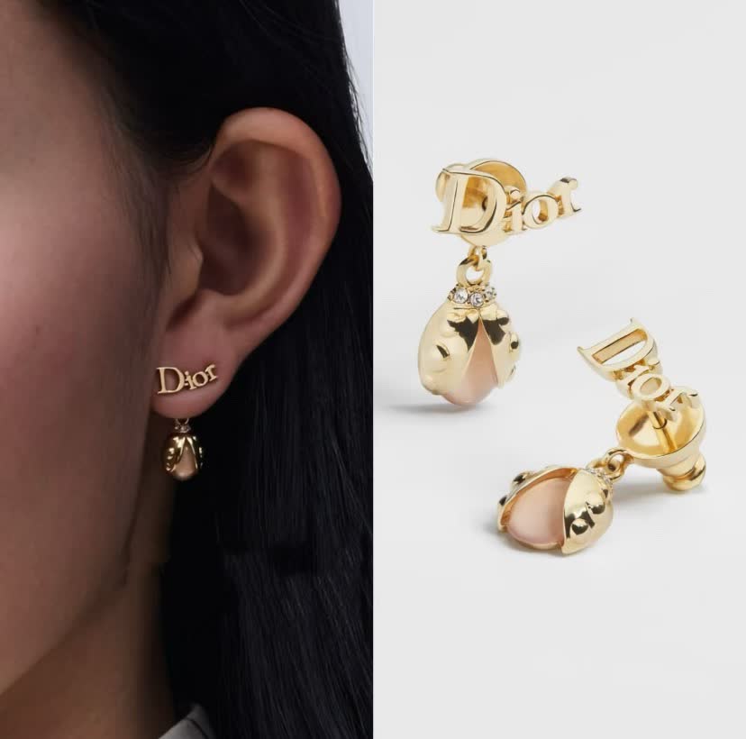 Dior Gold Tone Pink Stone Drop Earrings