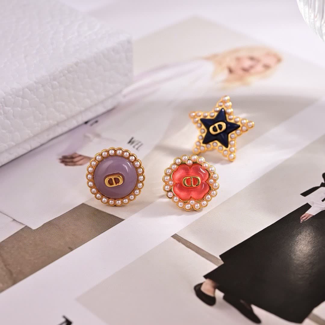 Dior Star and Flower Pearl Stud Earrings