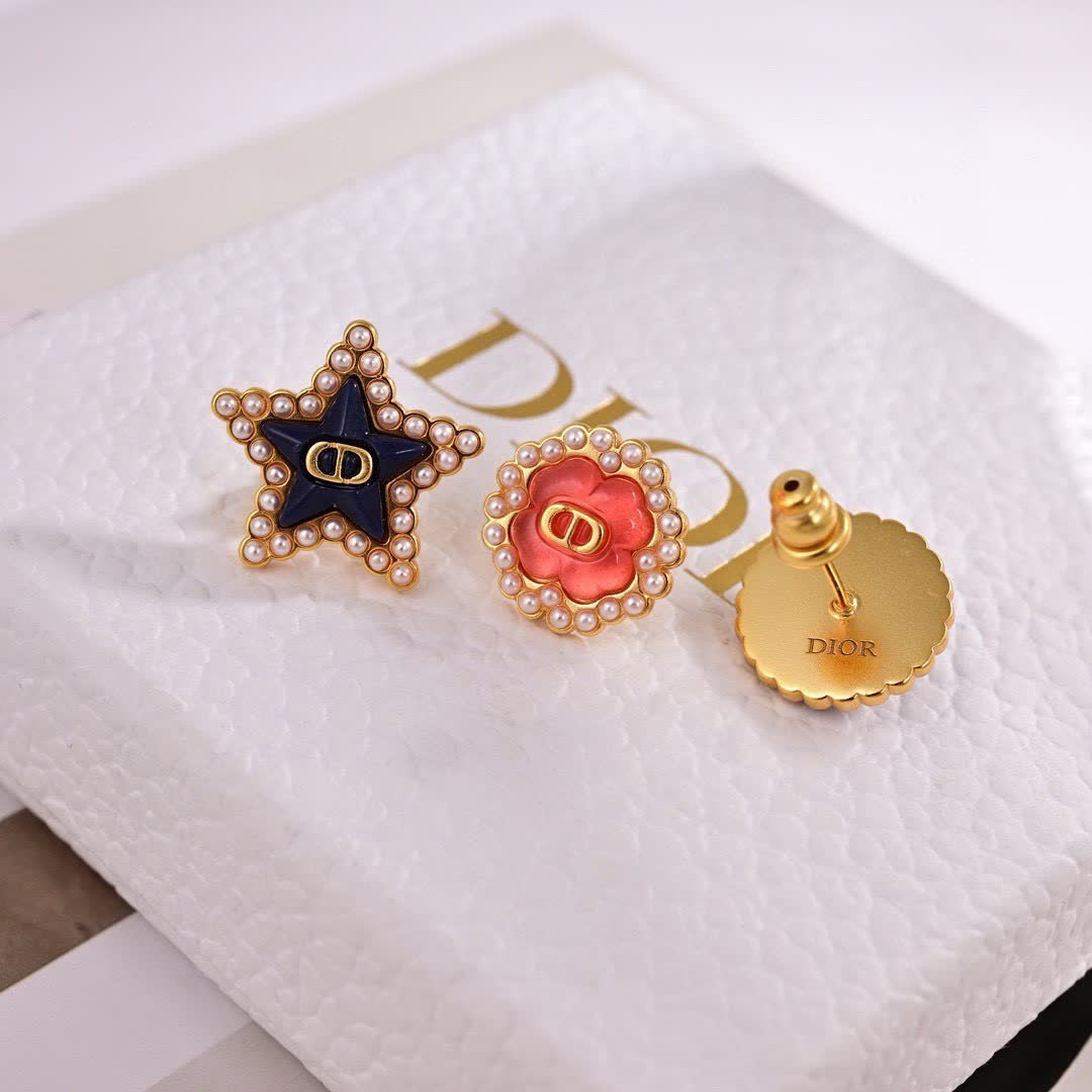 Dior Star and Flower Pearl Stud Earrings