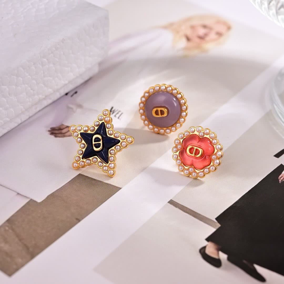Dior Star and Flower Pearl Stud Earrings