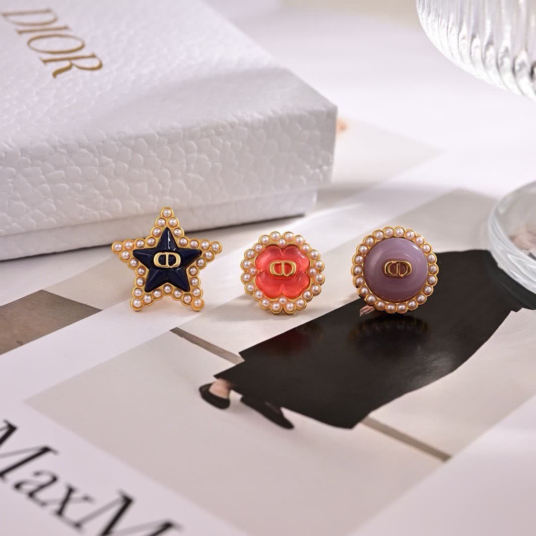 Dior Star and Flower Pearl Stud Earrings