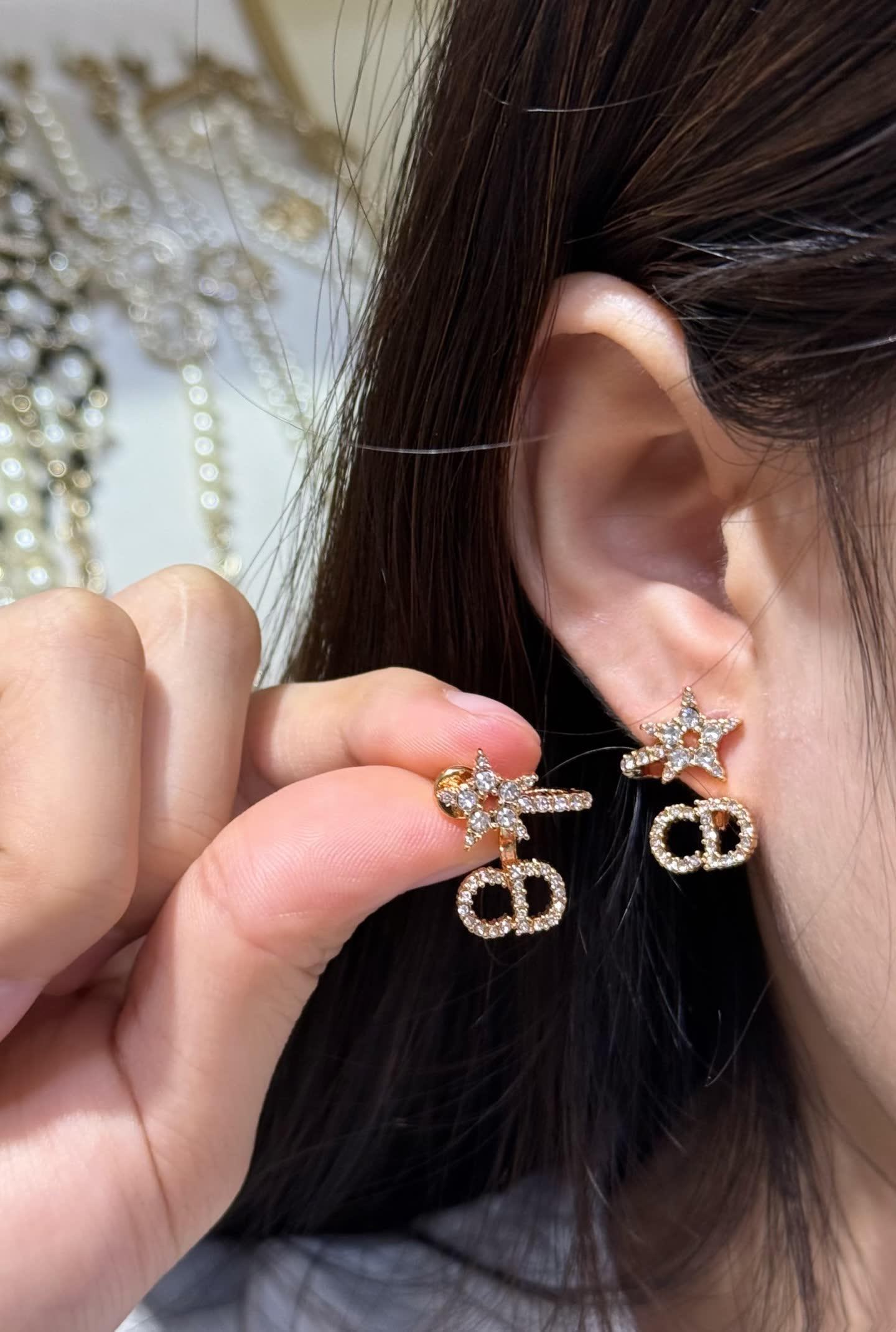 Dior Gold Tone Crystal Star & Logo Stud Earrings Dior Gold Tone Crystal Star & Logo Stud Earrings
