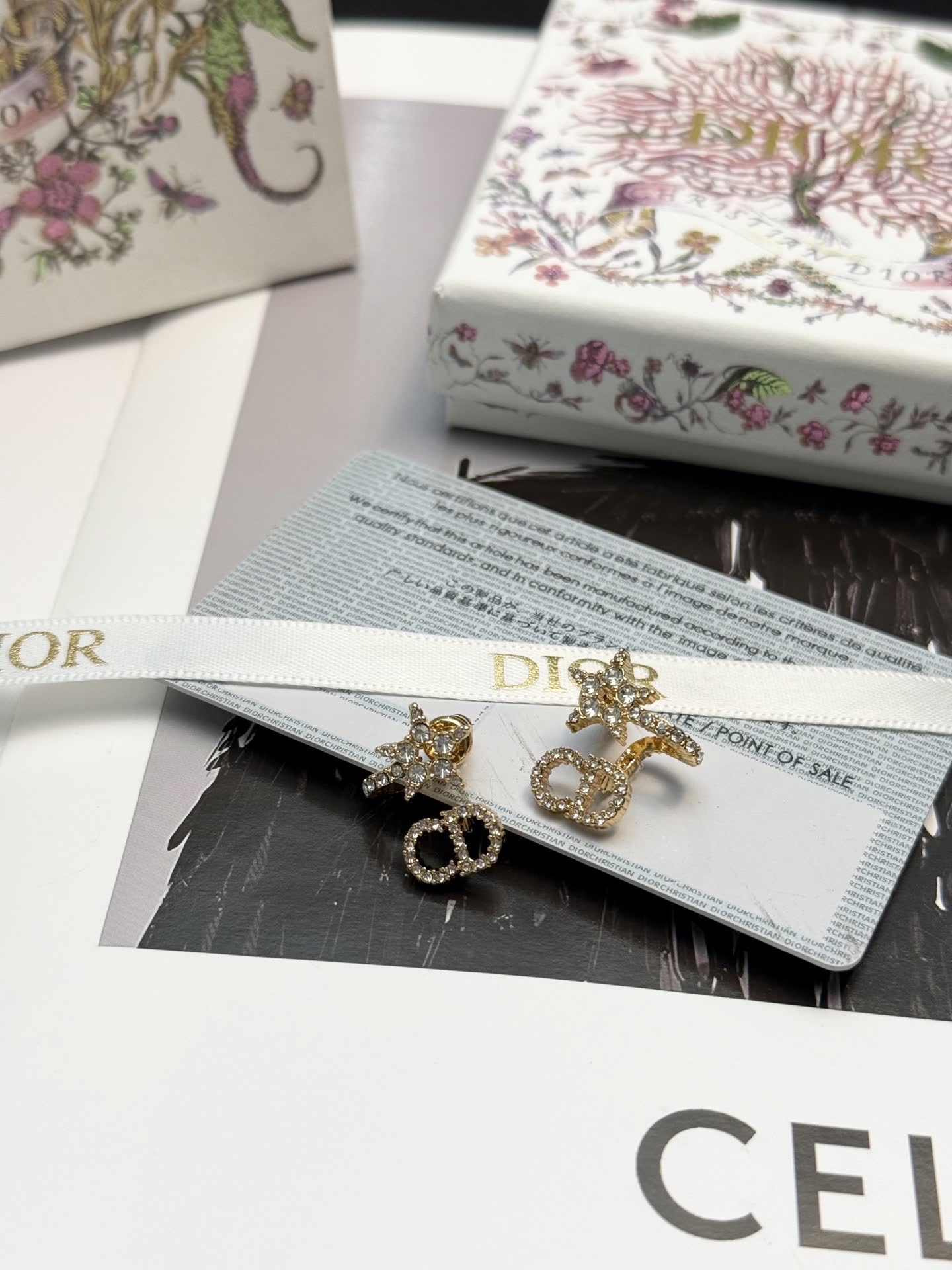 Dior Gold Tone Crystal Star & Logo Stud Earrings