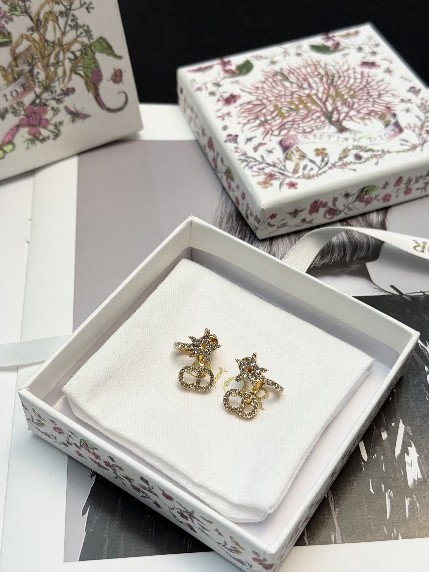 Dior Gold Tone Crystal Star & Logo Stud Earrings