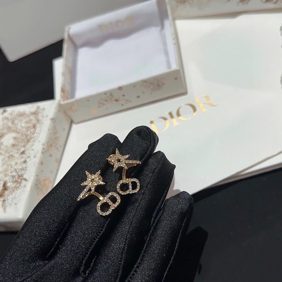 Dior Gold Tone Crystal Star & Logo Stud Earrings