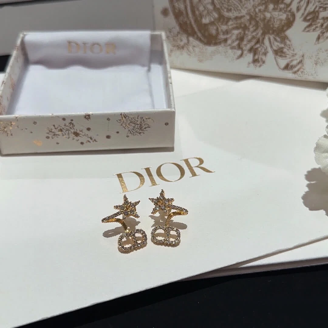 Dior Gold Tone Crystal Star & Logo Stud Earrings