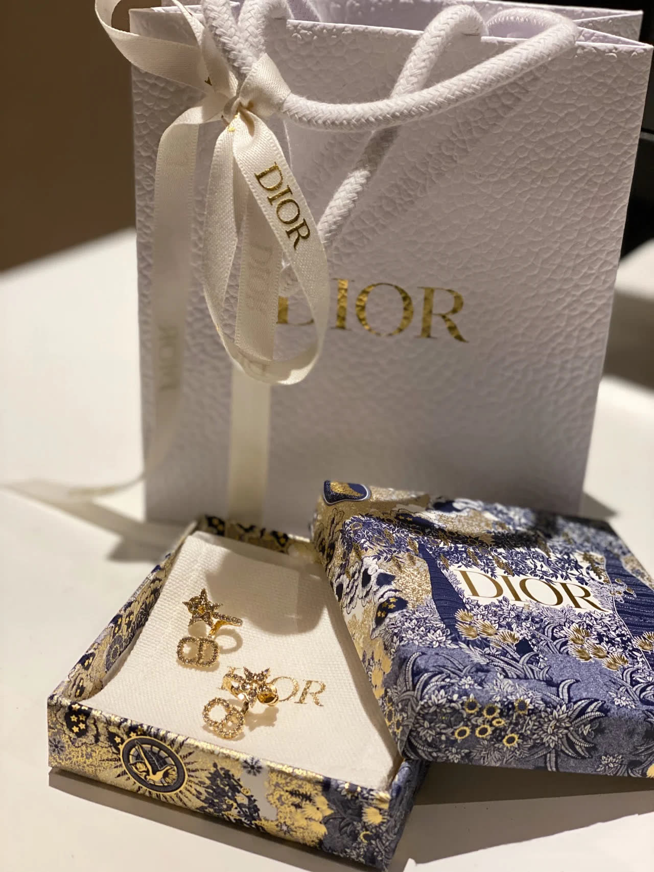 Dior Gold Tone Crystal Star & Logo Stud Earrings