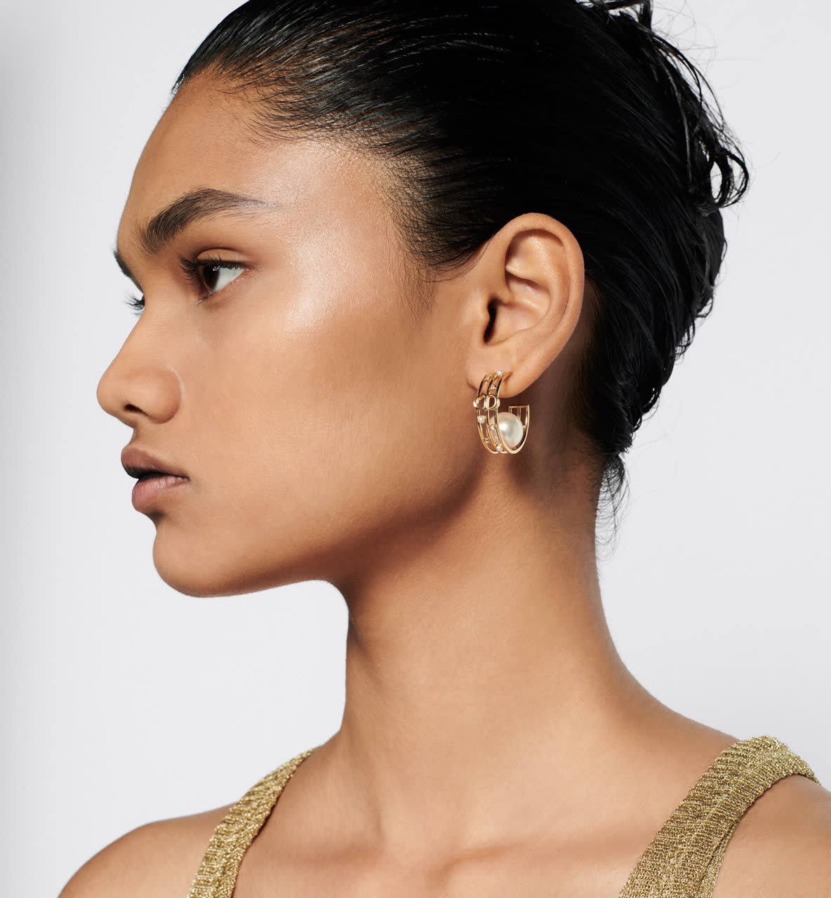 Dior Gold Hoop Earrings with Pearl and Crystals