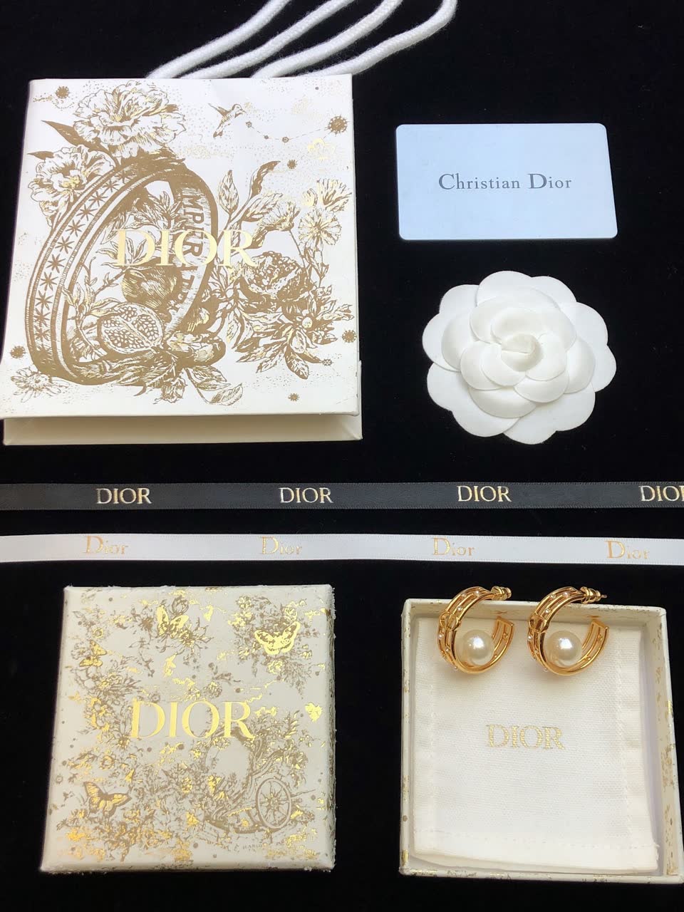 Dior Gold Hoop Earrings with Pearl and Crystals