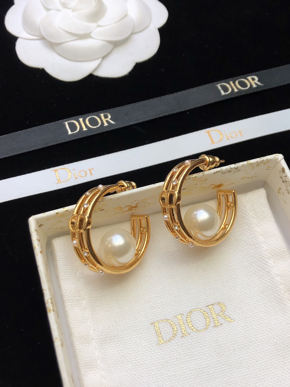 Dior Gold Hoop Earrings with Pearl and Crystals