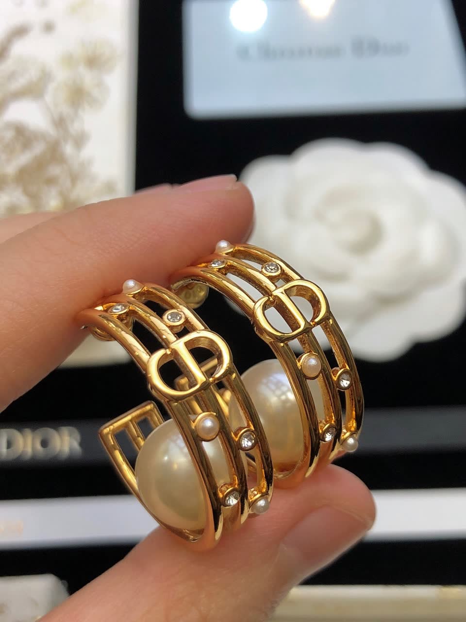 Dior Gold Hoop Earrings with Pearl and Crystals