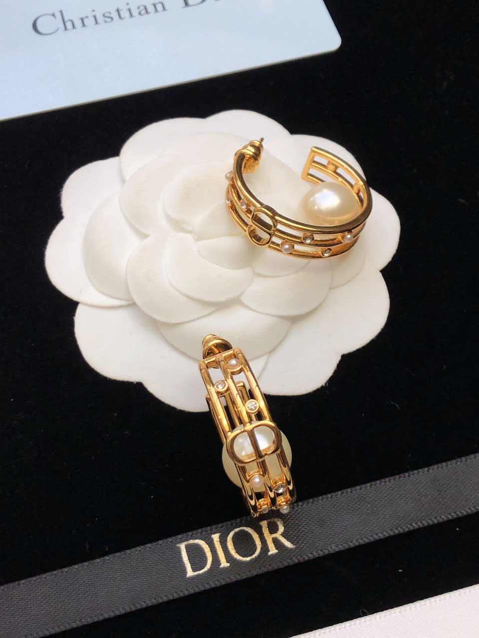 Dior Gold Hoop Earrings with Pearl and Crystals