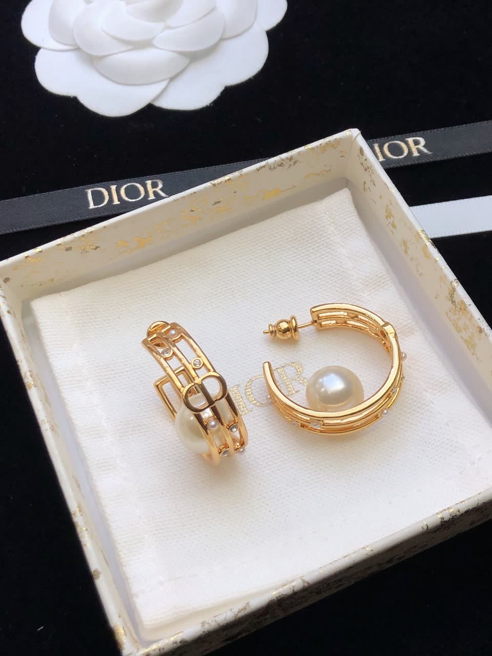 Dior Gold Hoop Earrings with Pearl and Crystals