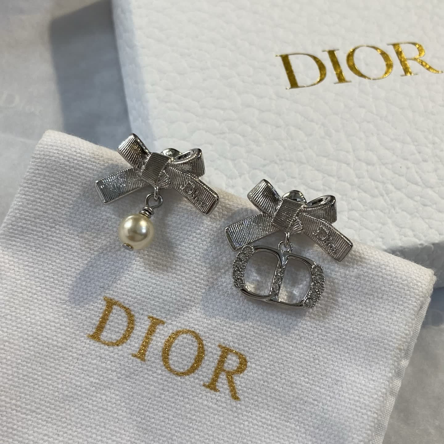 Dior Silver Bow & Pearl Earrings