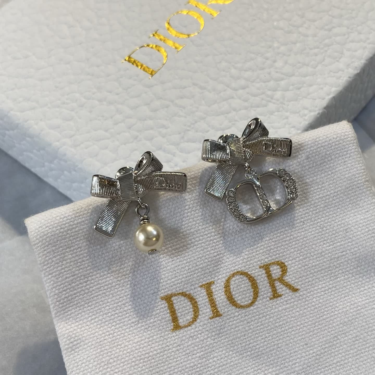 Dior Silver Bow & Pearl Earrings