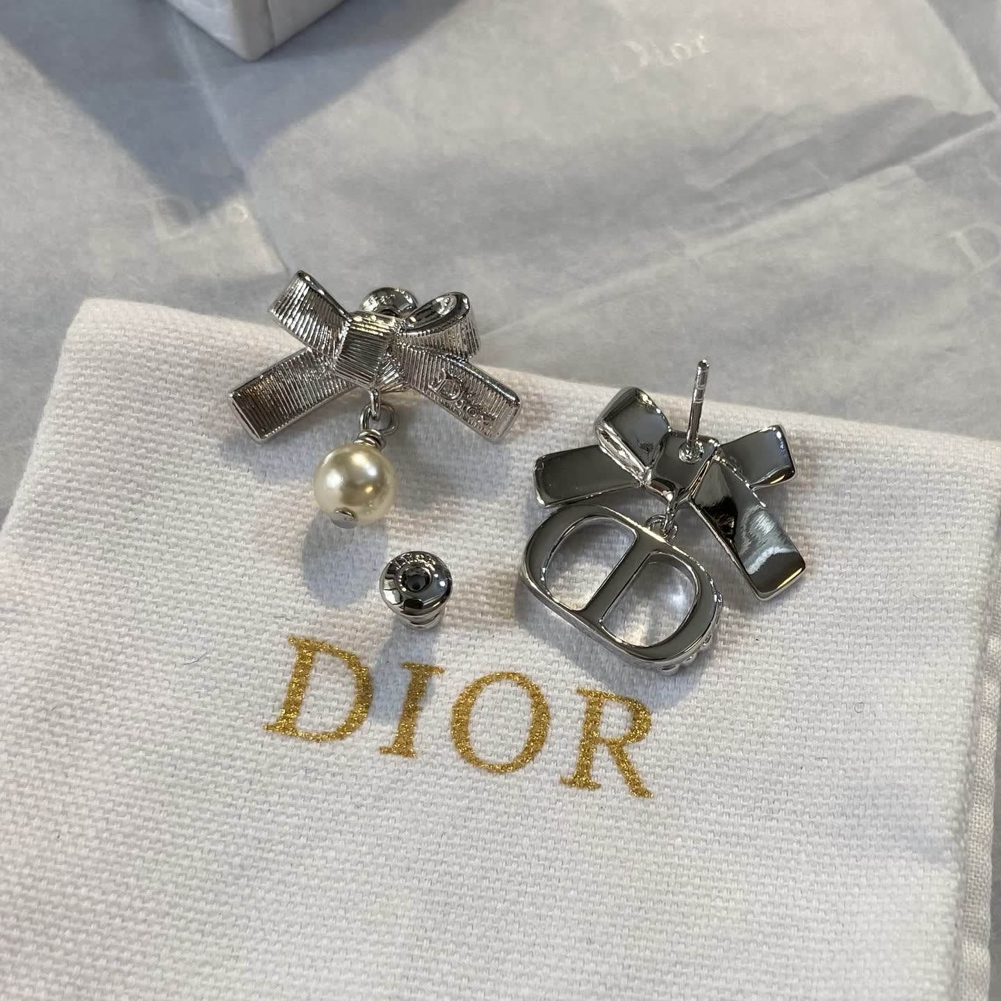 Dior Silver Bow & Pearl Earrings