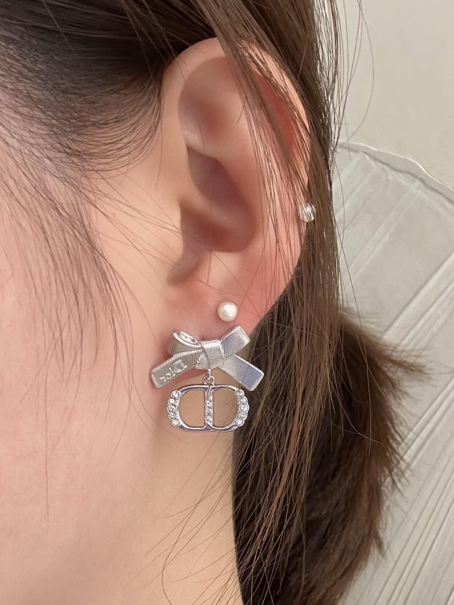 Dior Silver Bow & Pearl Earrings