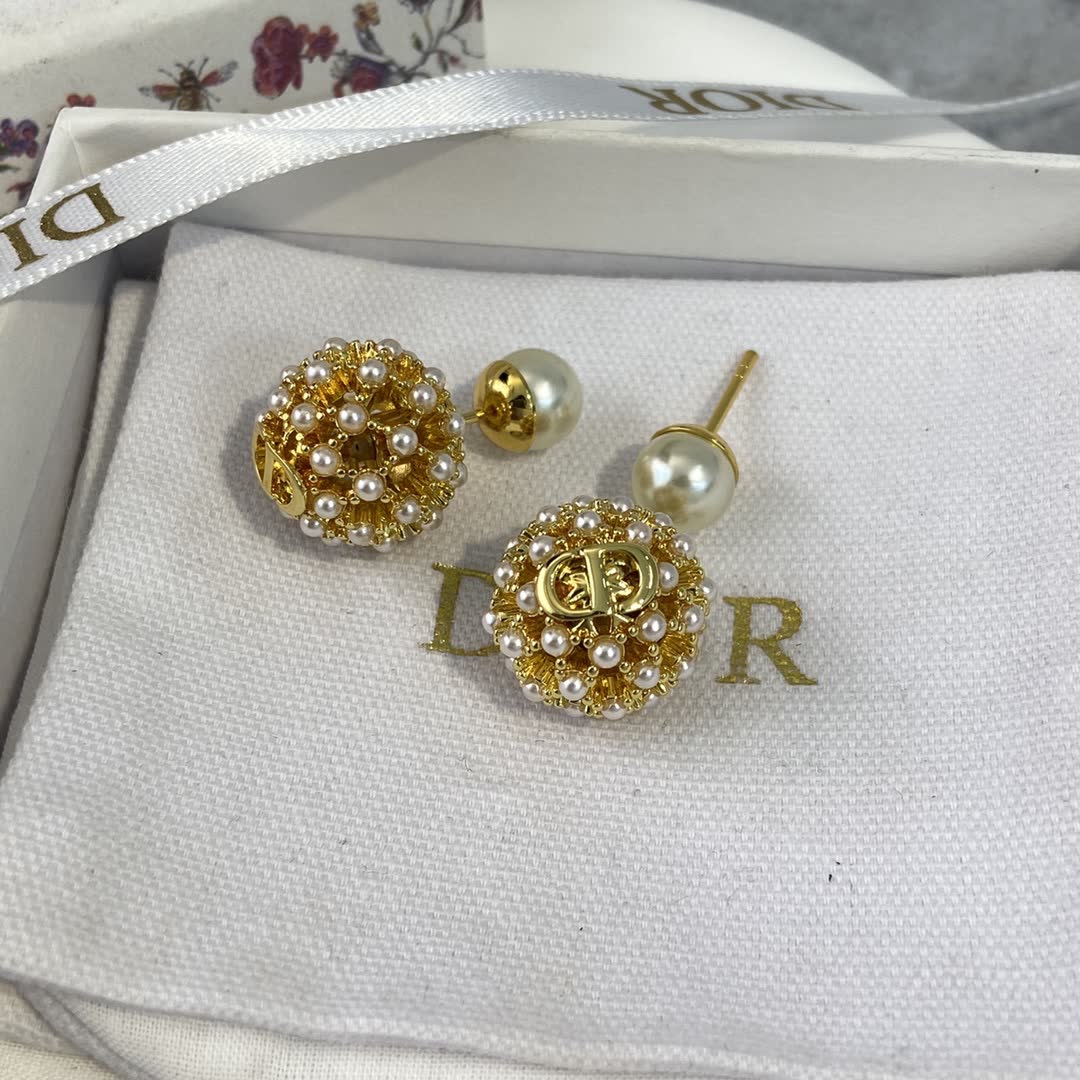 Dior Gold Tone Pearl Stud Earrings