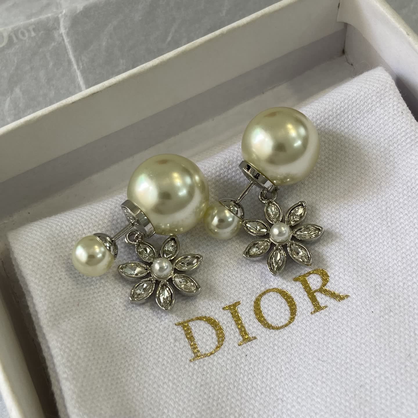 Dior Pearl and Crystal Flower Earrings