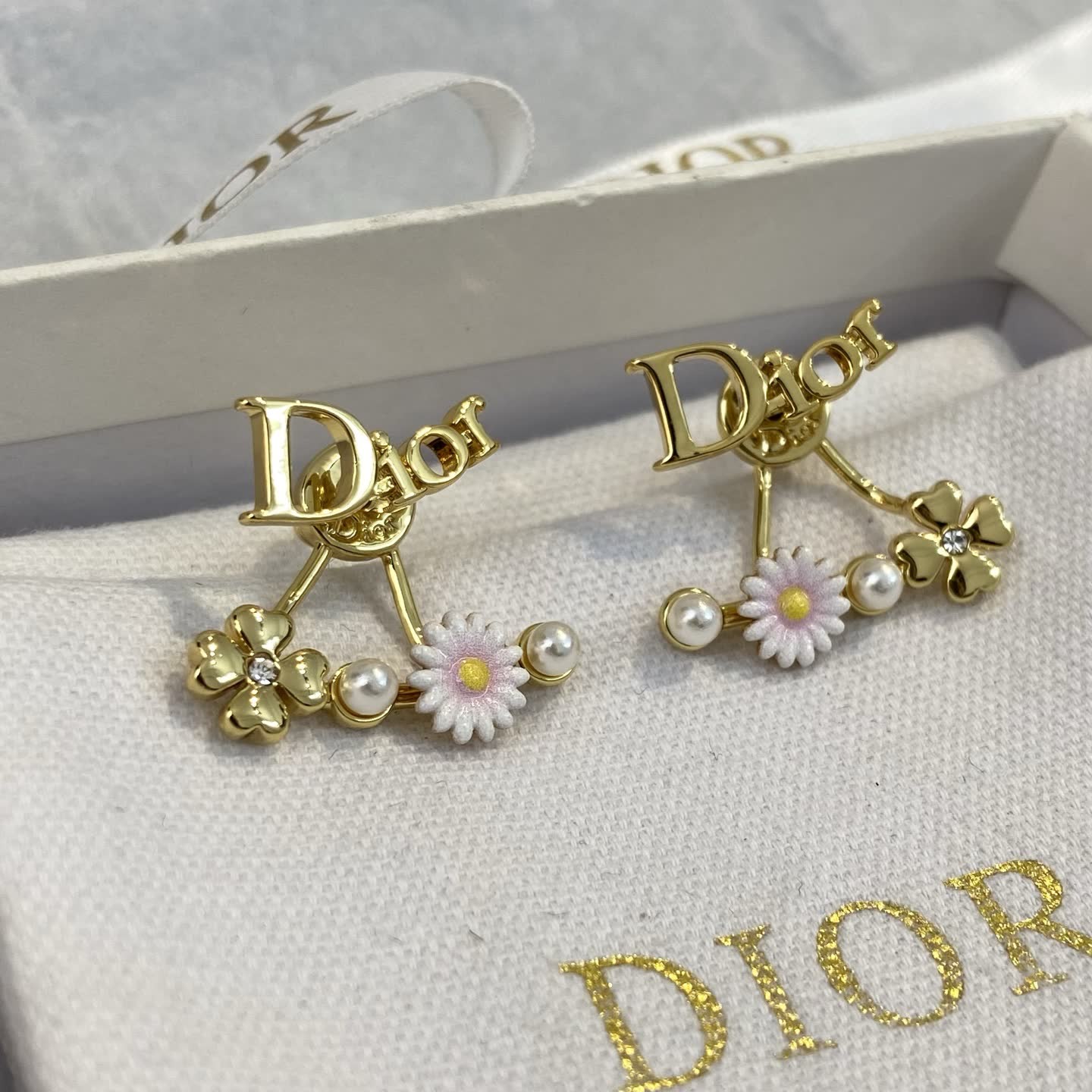Dior Gold Tone Flower and Pearl Earrings