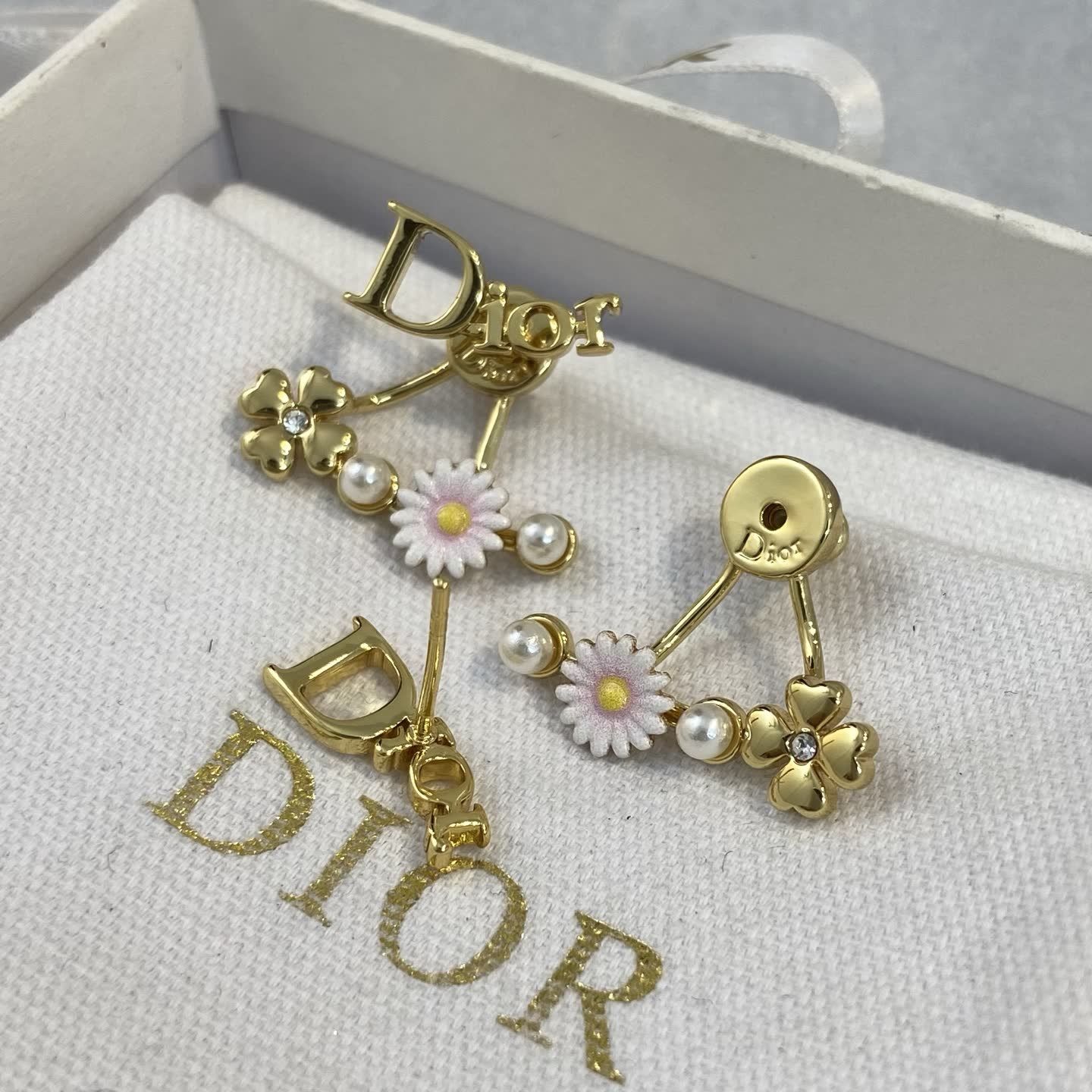 Dior Gold Tone Flower and Pearl Earrings