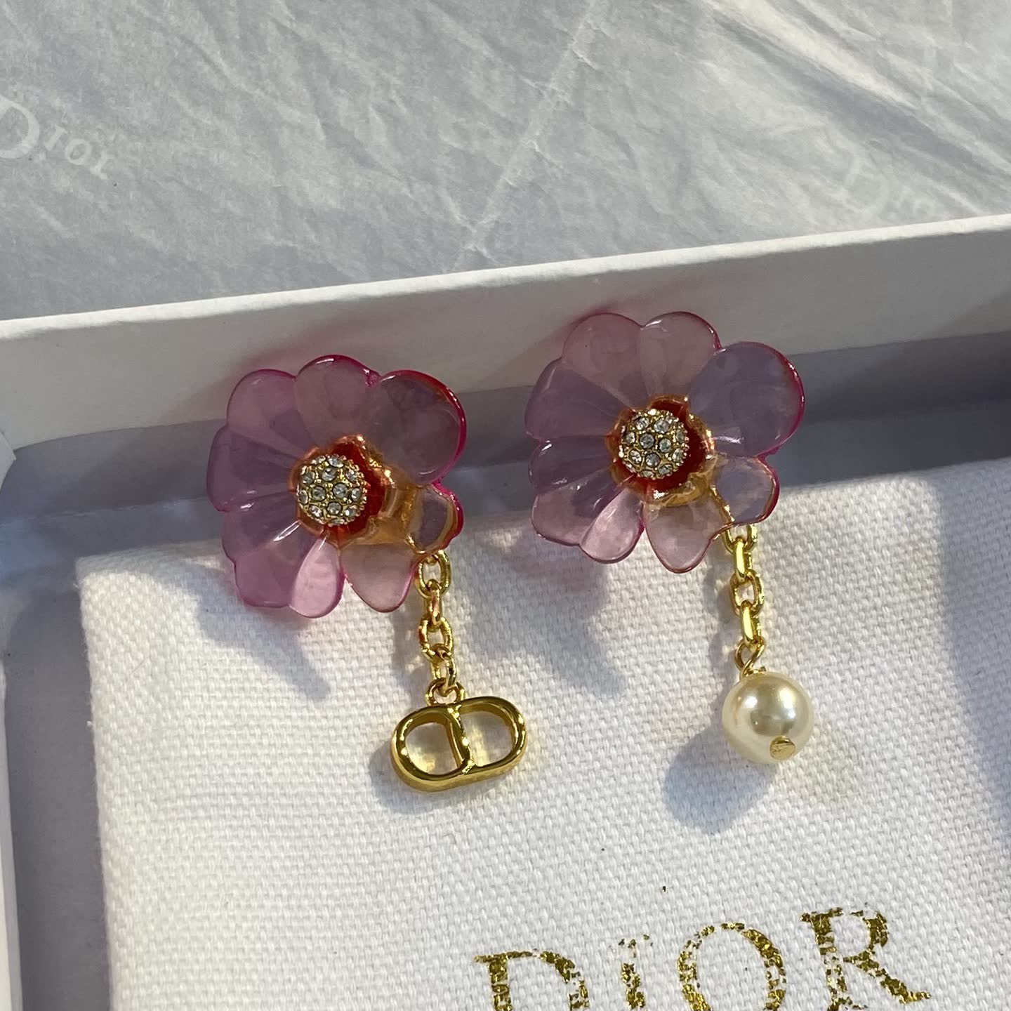 Dior Pink Flower Earrings with Pearl and 'CD' Charm Dior Pink Flower Earrings with Pearl and 'CD' Charm