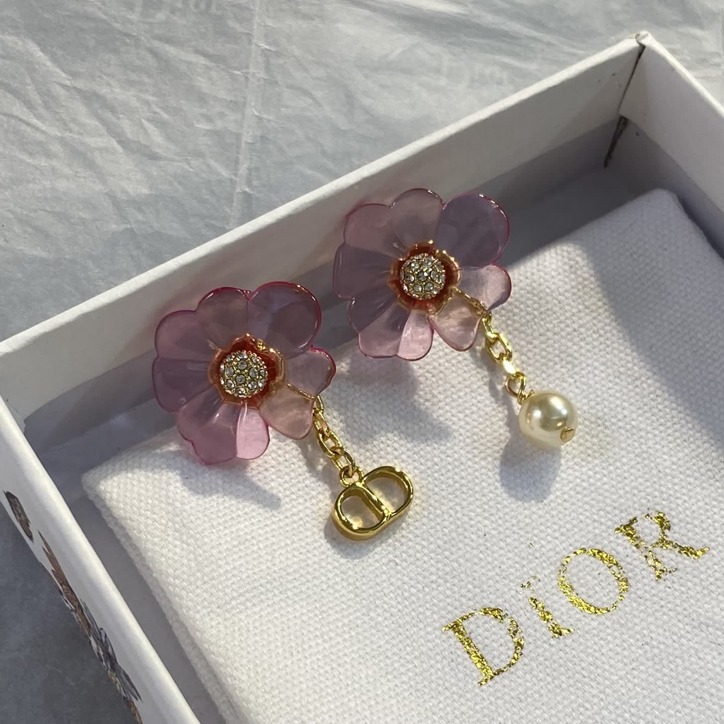Dior Pink Flower Earrings with Pearl and 'CD' Charm