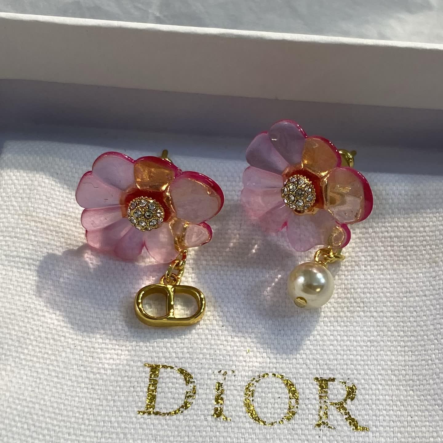 Dior Pink Flower Earrings with Pearl and 'CD' Charm
