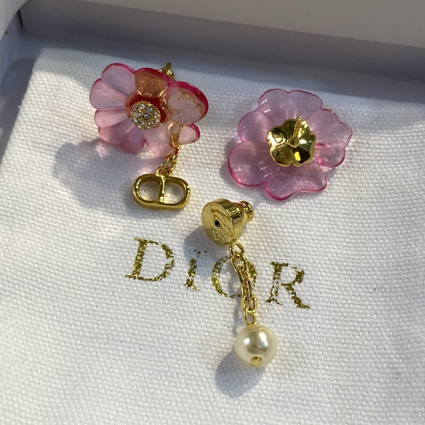 Dior Pink Flower Earrings with Pearl and 'CD' Charm