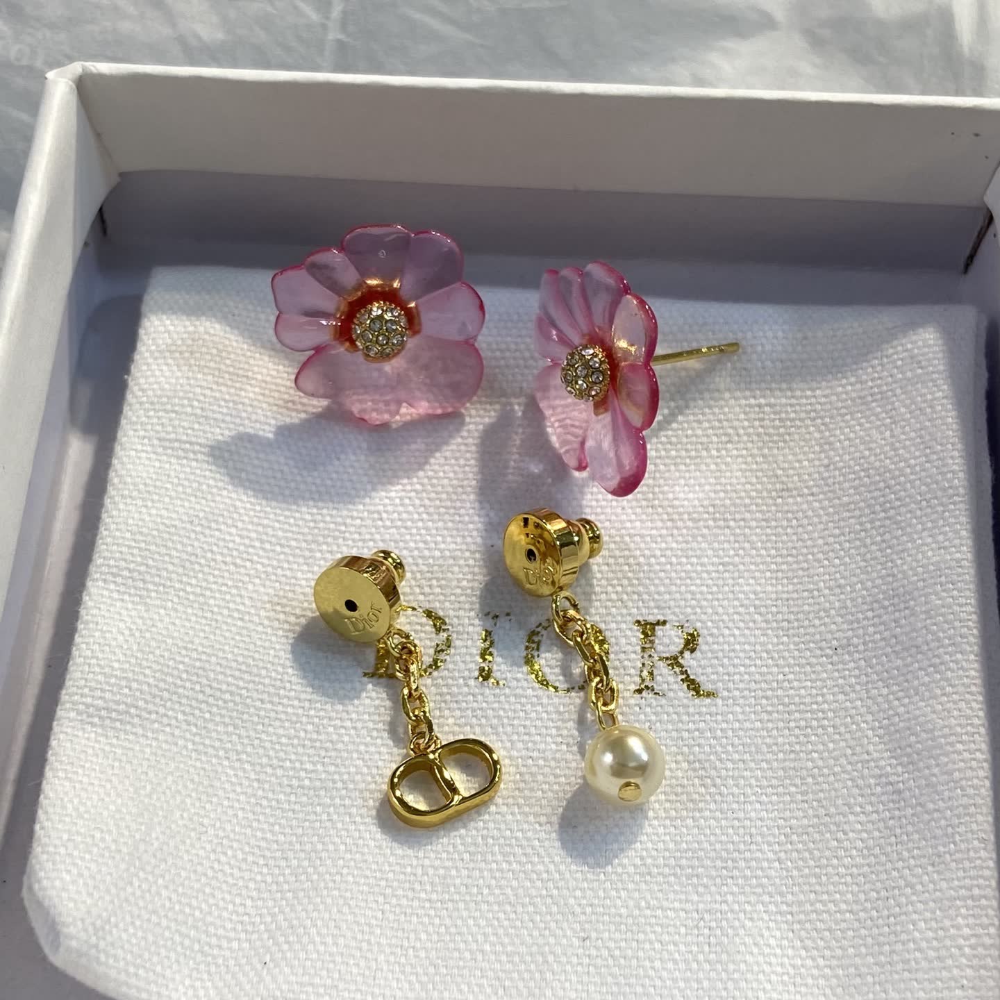 Dior Pink Flower Earrings with Pearl and 'CD' Charm
