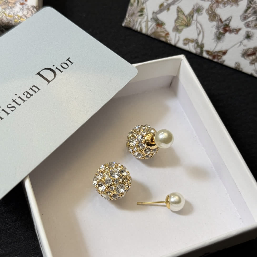 Christian Dior Gold Tone Crystal and Pearl Earrings