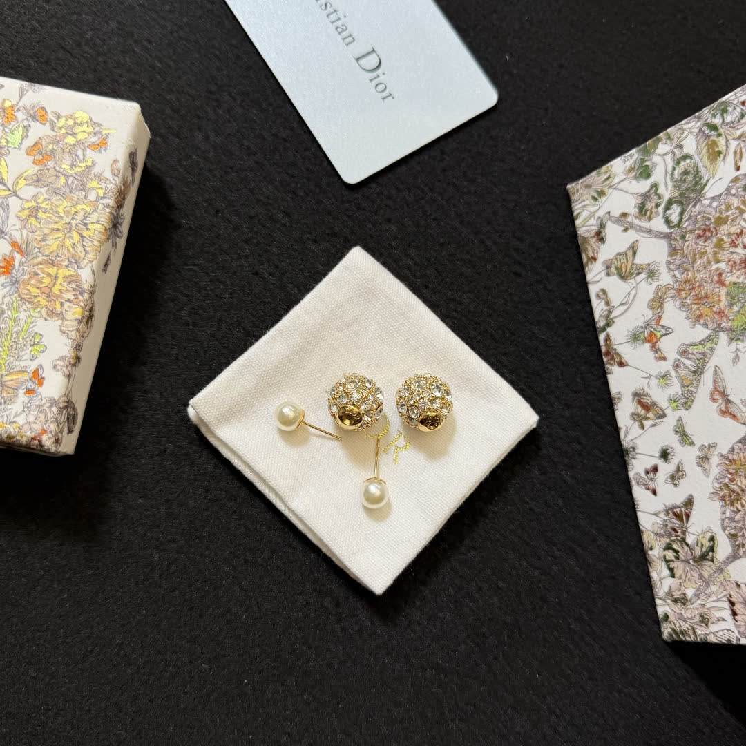 Christian Dior Gold Tone Crystal and Pearl Earrings