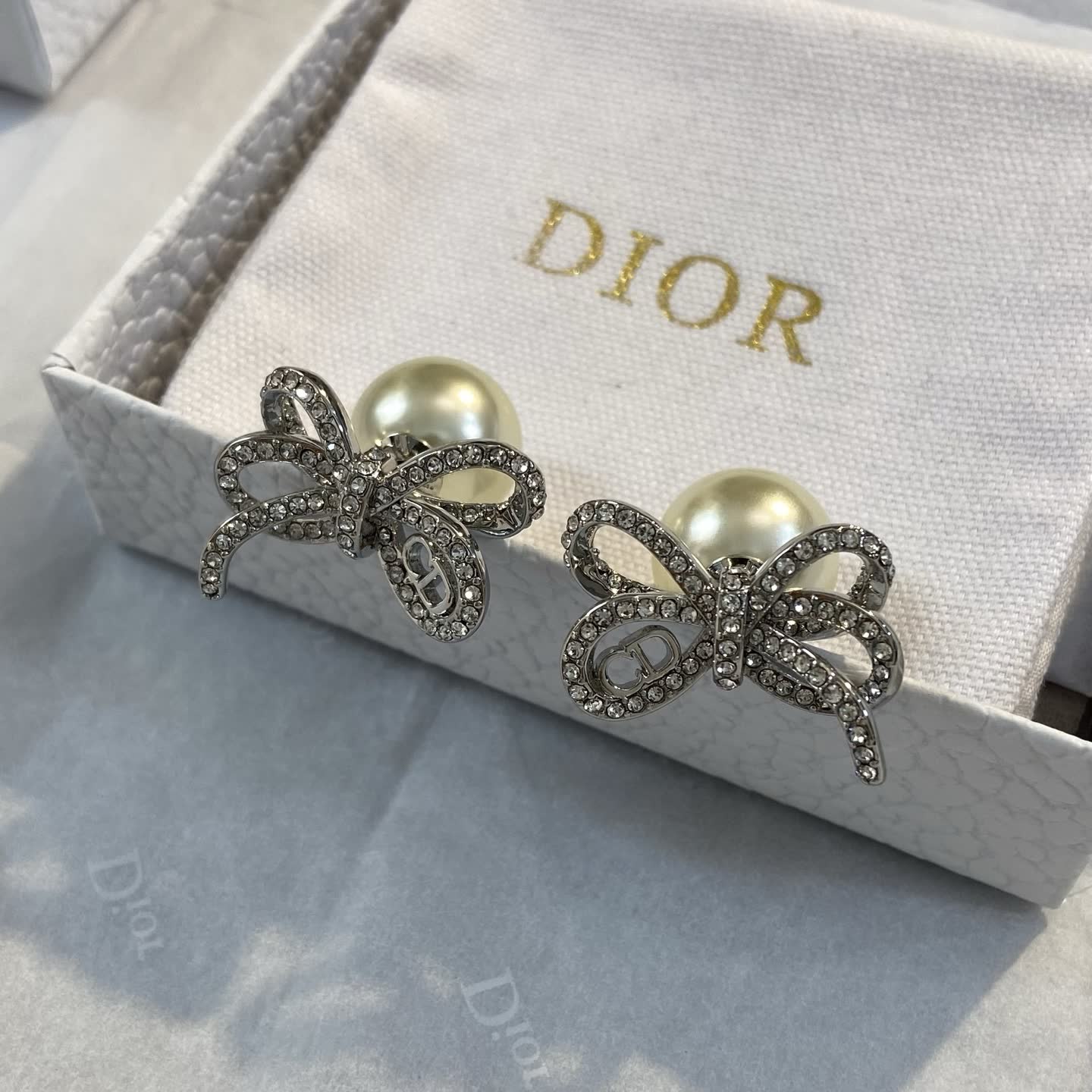 Dior Crystal Bow Pearl Stud Earrings