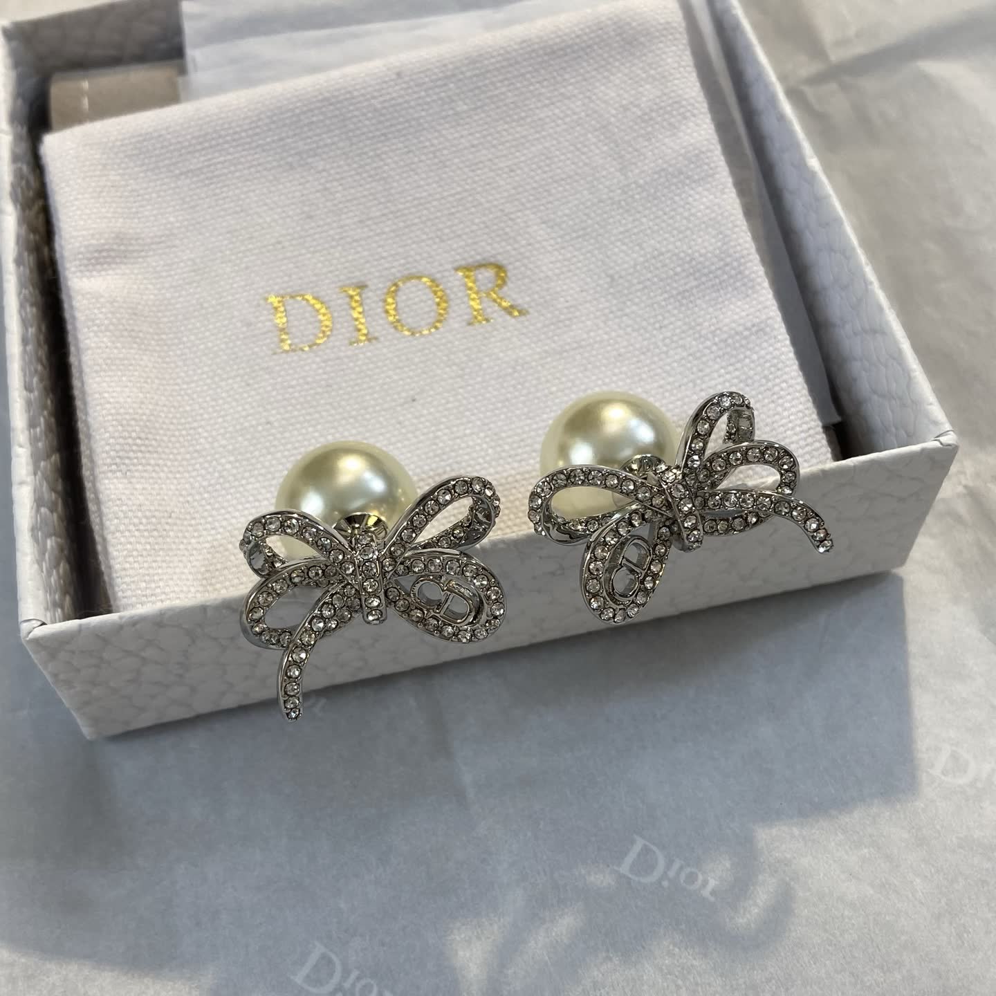 Dior Crystal Bow Pearl Stud Earrings