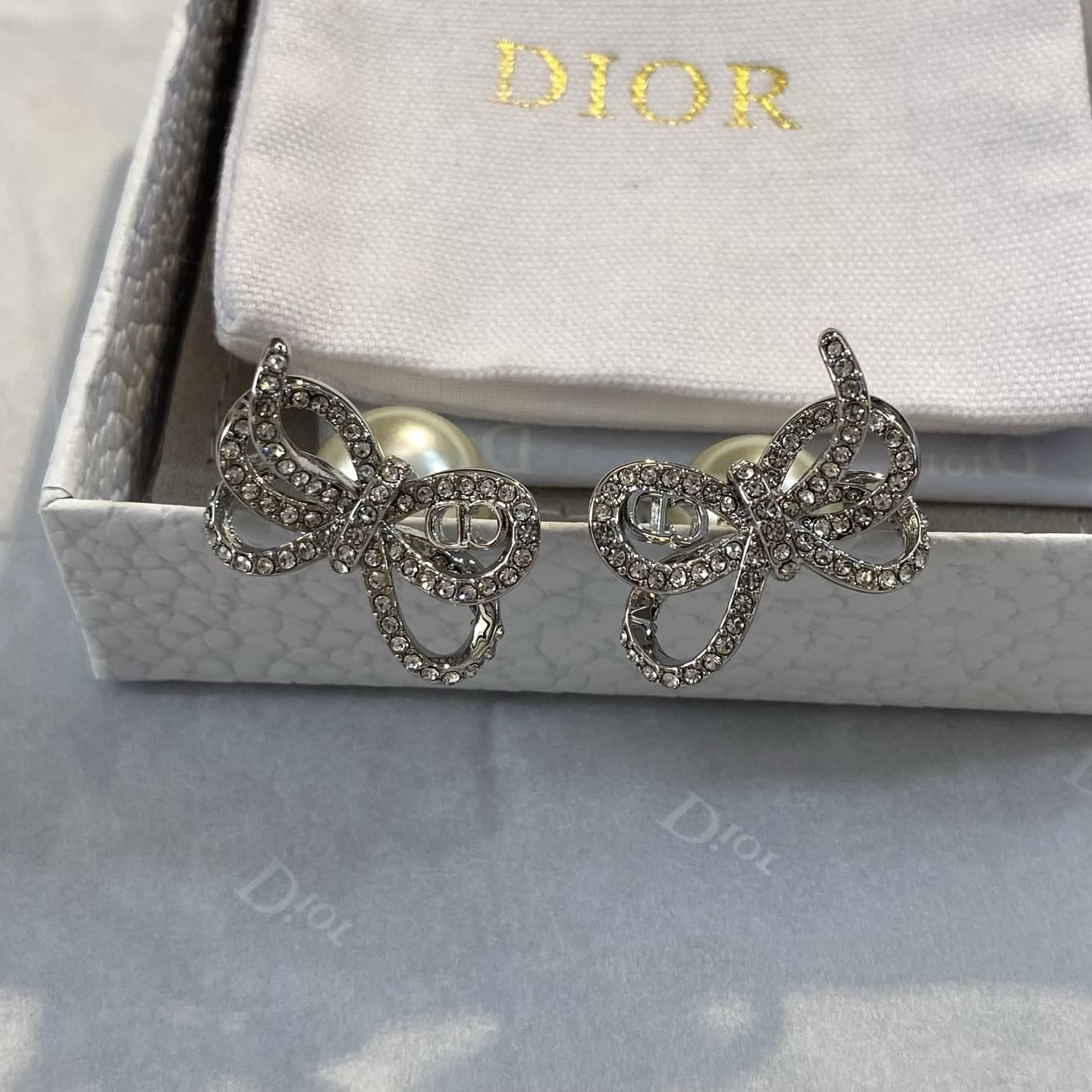 Dior Crystal Bow Pearl Stud Earrings