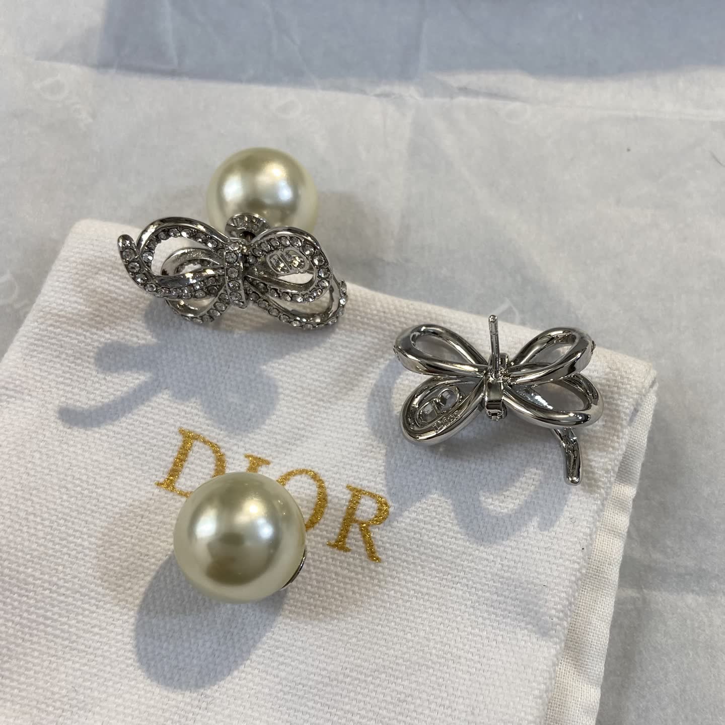 Dior Crystal Bow Pearl Stud Earrings